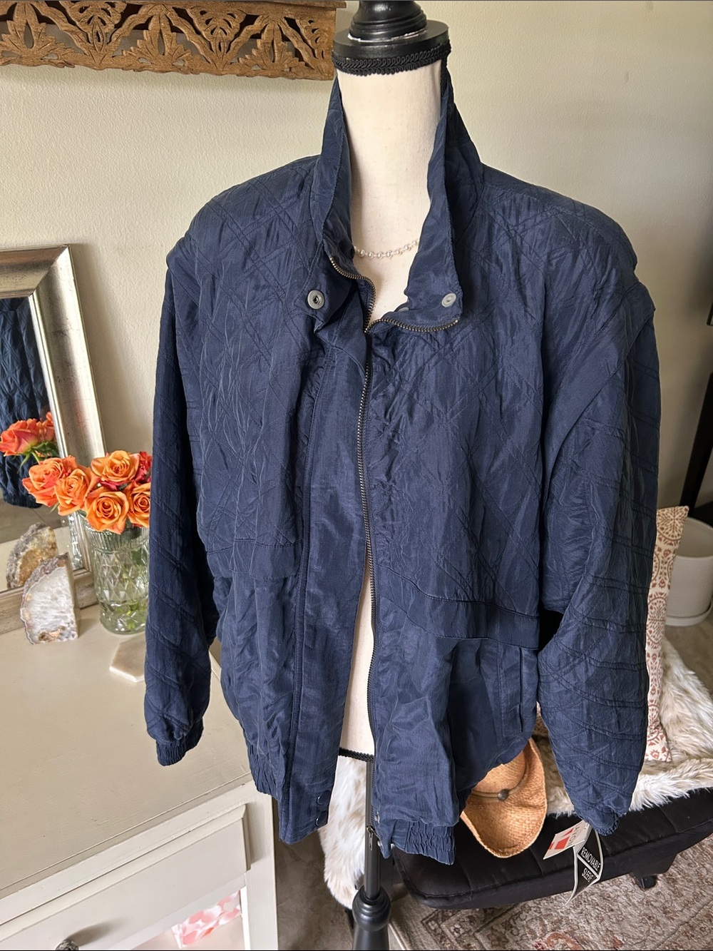 NWT Vtg Lavon deadstock 80’s navy blue quilted silk windbreaker jacket XL